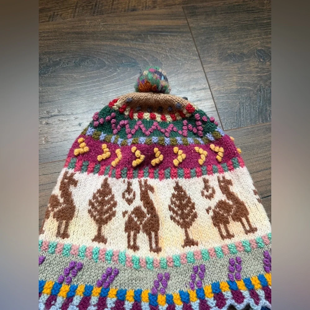 Hand-Knit Peruvian Wool Chullo Hat Llama & Andean Motif Ear Flap Beanie
